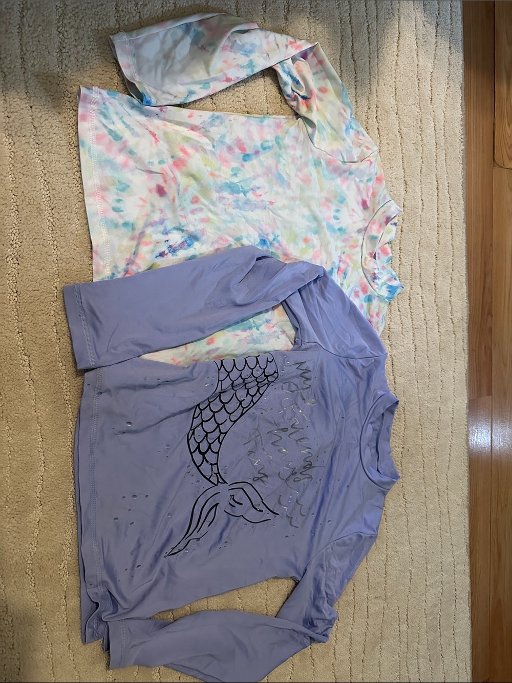 Two Girls' Long Sleeve Swim Rashguard tie dye design and lavendar mermaid tail